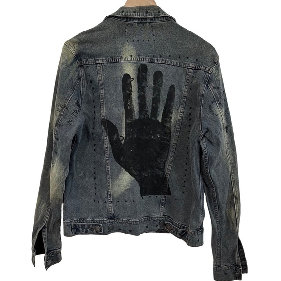 Cheap Monday Staple Denim Jacket Psyched SZ Medium Blue Graffiti Hand Print - Picture 9 of 10